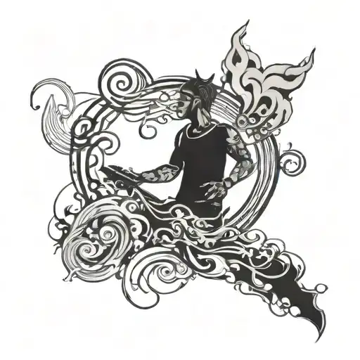 An abstract design of a person surrounded by smoke and music waves, representing the feeling of solitude and peace tattoo design idea