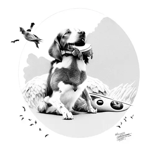 hunting dog curled up with a dead bird in its mouth tattoo design idea