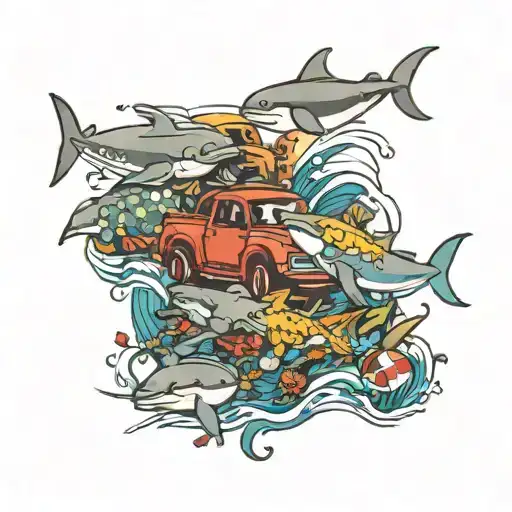 Disney cars themed ocean scene featuring dolphins, turtles and sharks  tattoo design idea
