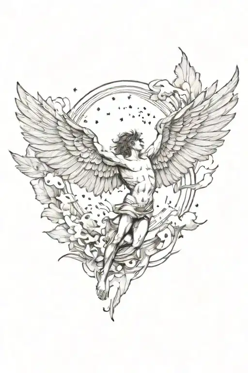 Etching style tattoo with Icarus falling from the sky, wings disintegrating tattoo design idea