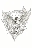 Etching style tattoo with Icarus falling from the sky, wings disintegrating tattoo design idea