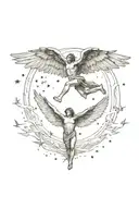 Etching style tattoo with Icarus falling from the sky, wings disintegrating tattoo design idea