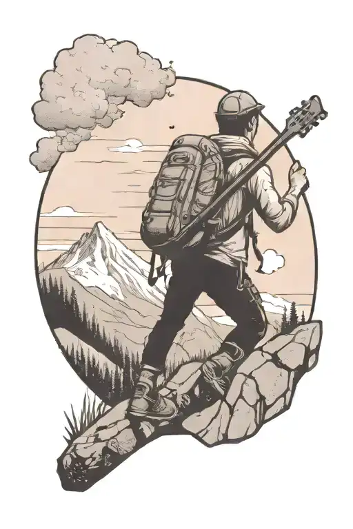 A dotwork tattoo of a hiker climbing a mountain with a guitar on their back tattoo design idea