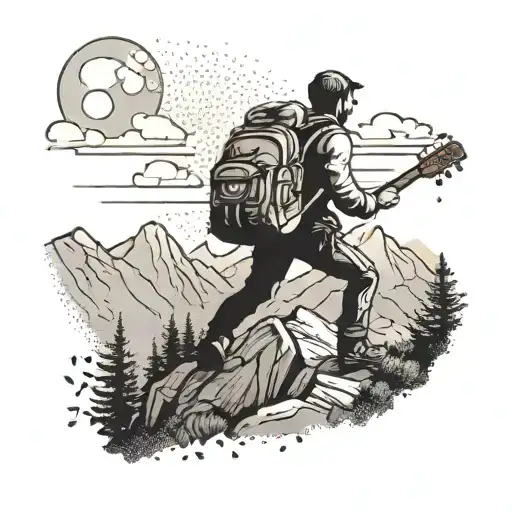 A dotwork tattoo of a hiker climbing a mountain with a guitar on their back tattoo design idea
