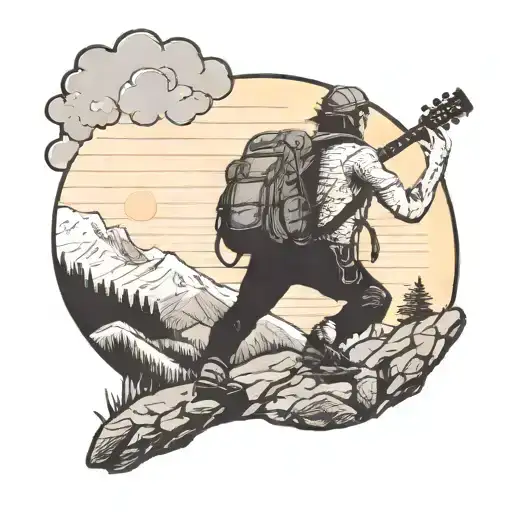 A dotwork tattoo of a hiker climbing a mountain with a guitar on their back tattoo design idea