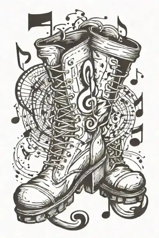 A hiking boot stepping on a musical note, merging the two passions tattoo design idea