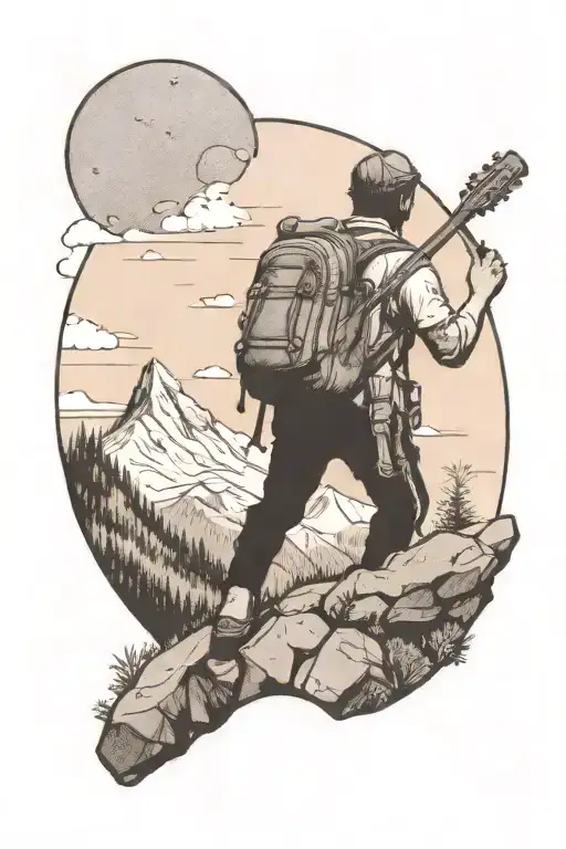 A dotwork tattoo of a hiker climbing a mountain with a guitar on their back tattoo design idea