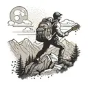 A dotwork tattoo of a hiker climbing a mountain with a guitar on their back tattoo design idea