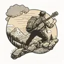 A dotwork tattoo of a hiker climbing a mountain with a guitar on their back tattoo design idea