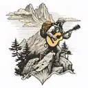 A dotwork tattoo of a hiker climbing a mountain with a guitar on their back tattoo design idea