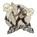 A dotwork tattoo of a hiker climbing a mountain with a guitar on their back tattoo design idea