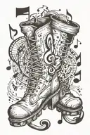 A hiking boot stepping on a musical note, merging the two passions tattoo design idea