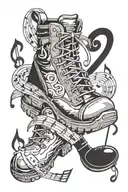 A hiking boot stepping on a musical note, merging the two passions tattoo design idea