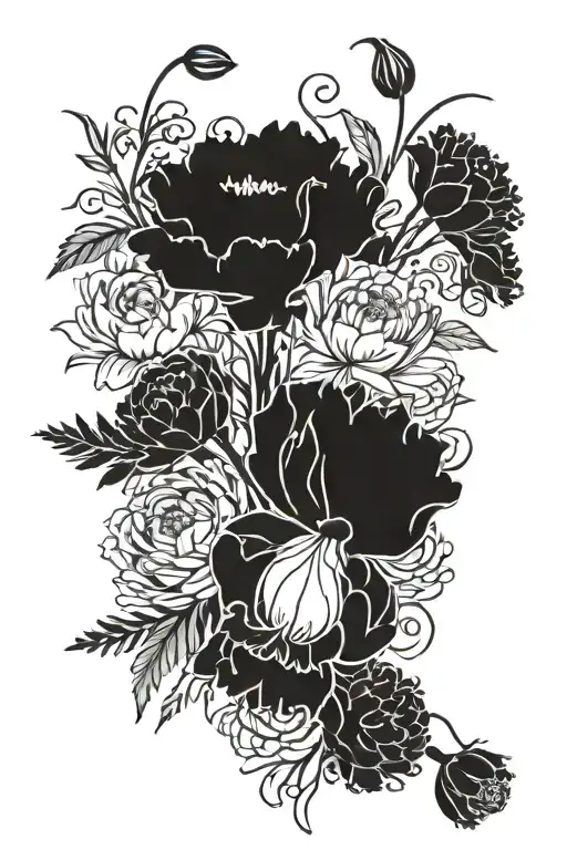 carnations snowdrops poppy marigold chrysanthemum bouquet tattoo design idea