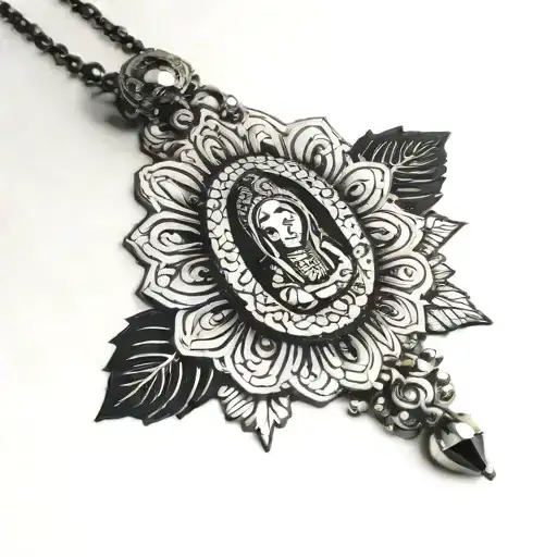 Incorporate a diamond bracelet with a charm of the Virgin of Guadalupe into a blackwork design tattoo design idea