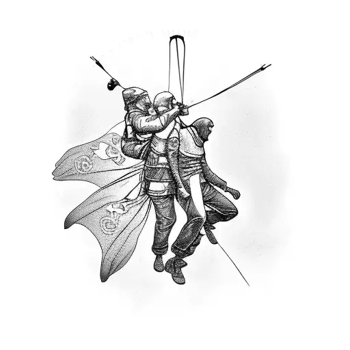 A tattoo design of a paraglider soaring over a family gathering with a Christ statue in the distance tattoo design idea