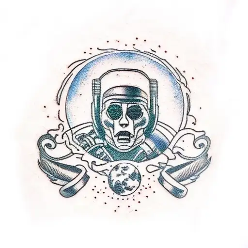 A Russian cosmonaut with the Rammstein logo on his shoulder holds a les paul electric guitar standing on the ground tattoo design idea