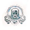 A Russian cosmonaut with the Rammstein logo on his shoulder holds a les paul electric guitar standing on the ground tattoo design idea