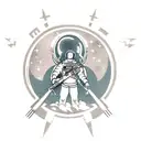 A Russian cosmonaut with the Rammstein logo on his shoulder holds a les paul electric guitar standing on the ground tattoo design idea