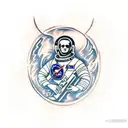 A Russian cosmonaut with the Rammstein logo on his shoulder holds a les paul electric guitar standing on the ground tattoo design idea