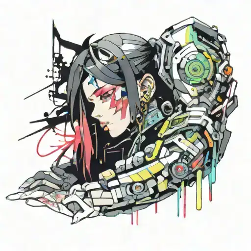 sleeve from wrist to neck in anime cyberpunk style tattoo design idea