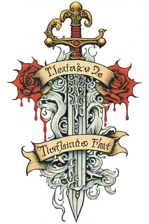 sword dripping with blood with inscription saying, "These things we do that others may live". tattoo design idea