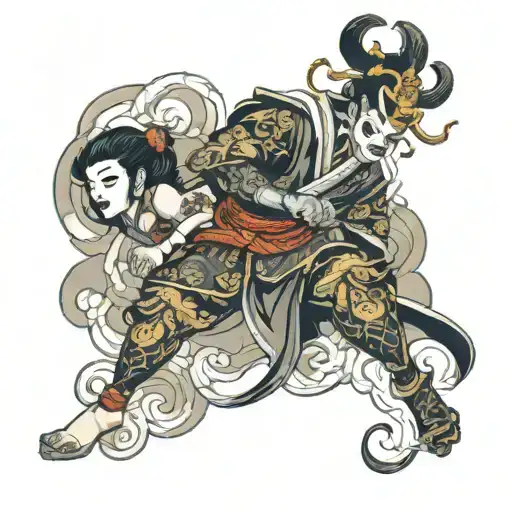 Full leg tattoo with a Japanese theme featuring samurai and geisha wearing masks reflecting the deceit and revenge tattoo design idea