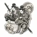 Full leg tattoo with a Japanese theme featuring samurai and geisha wearing masks reflecting the deceit and revenge tattoo design idea