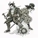 Full leg tattoo with a Japanese theme featuring samurai and geisha wearing masks reflecting the deceit and revenge tattoo design idea