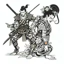 Full leg tattoo with a Japanese theme featuring samurai and geisha wearing masks reflecting the deceit and revenge tattoo design idea