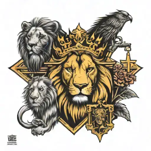 Three crosses with a lion and a king  tattoo design idea