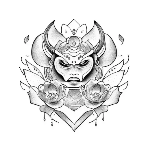 Woman with broken oni mask, lotus flower, flower and light decorations around tattoo design idea