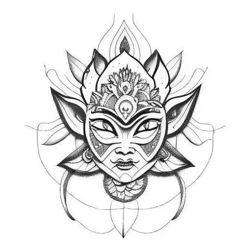 Woman with broken oni mask, lotus flower, flower and light decorations around tattoo design idea
