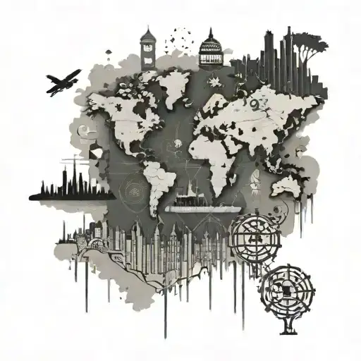 A detailed world map with landmarks from places the client has traveled to, incorporating elements of accounting symbols subtly in the background tattoo design idea
