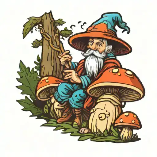mushroom wizard in a forest tattoo design idea