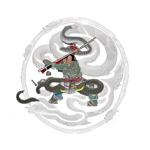 samurai fight with sword against snake. Surrounded with flowers and clouds tattoo design idea
