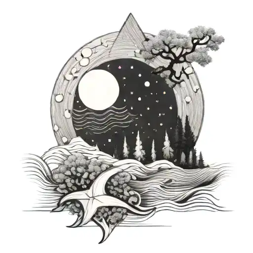 waves in the moon, forest in saturn, fine line, dots and geometric tattoo design idea
