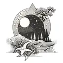 waves in the moon, forest in saturn, fine line, dots and geometric tattoo design idea