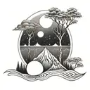 waves in the moon, forest in saturn, fine line, dots and geometric tattoo design idea