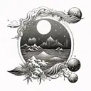 waves in the moon, forest in saturn, fine line, dots and geometric tattoo design idea