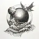 waves in the moon, forest in saturn, fine line, dots and geometric tattoo design idea