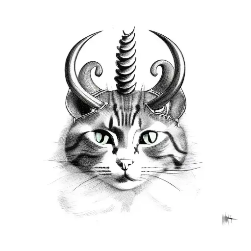 Cat with horns and mouse skulls dark tattoo design idea