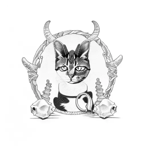 Cat with horns and mouse skulls dark tattoo design idea