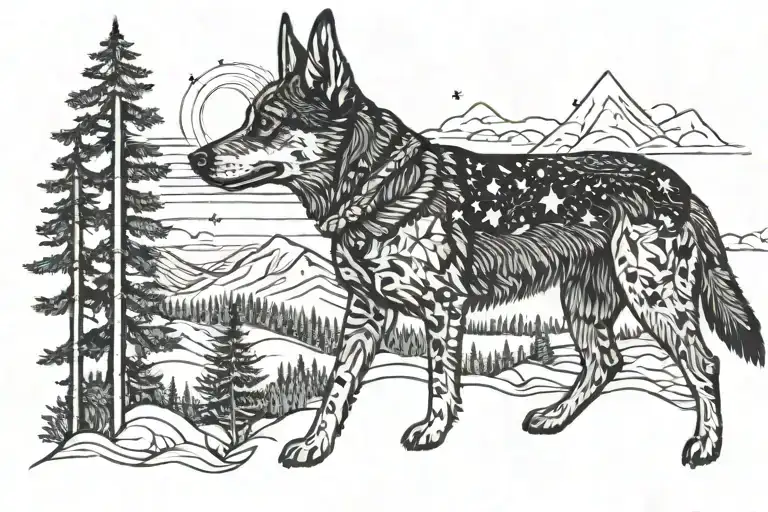 Blue heeler in a forest with mountains, a sunset and a rainbow bridge broken into stars in the sky tattoo design idea