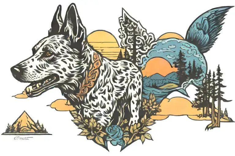 Blue heeler in a forest with mountains, a sunset reflecting tattoo design idea