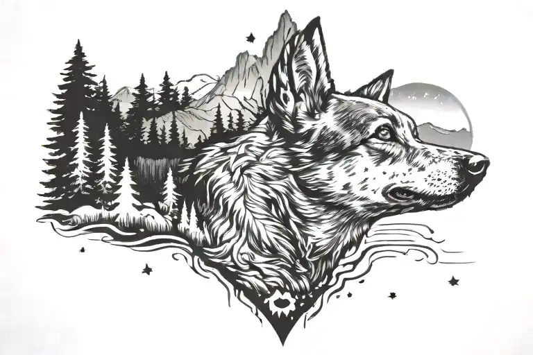 Blue heeler in a forest with mountains, a sunset and a rainbow bridge broken into stars in the sky tattoo design idea