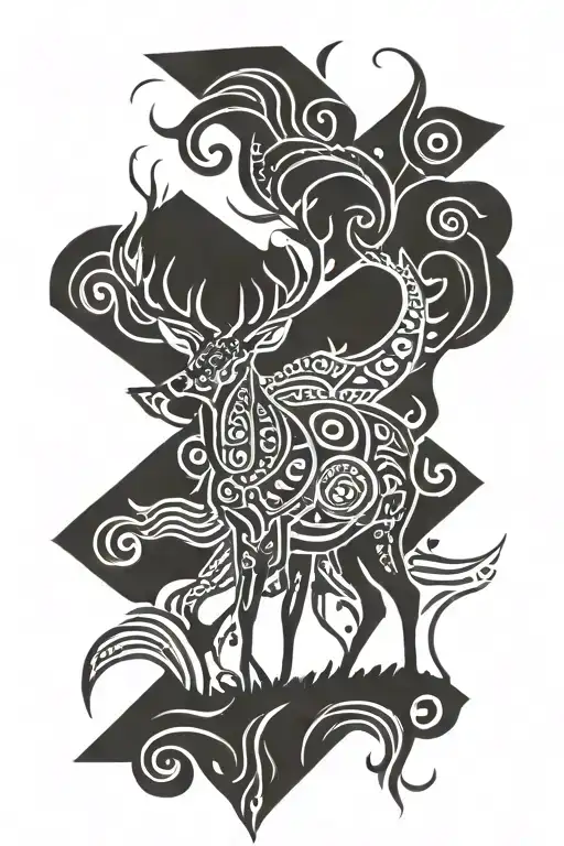 deer surrounded by tribal patterns tattoo design idea
