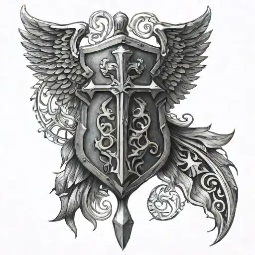 shield wings Angelica demonic  hammer Mjolnir tattoo design idea