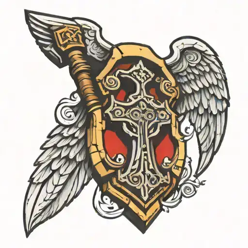 shield wings hammer Mjolnir tattoo design idea