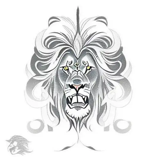 a majestic lion standing tall and proud, with a heart symbol incorporated into its mane or within the background, symbol tattoo design idea